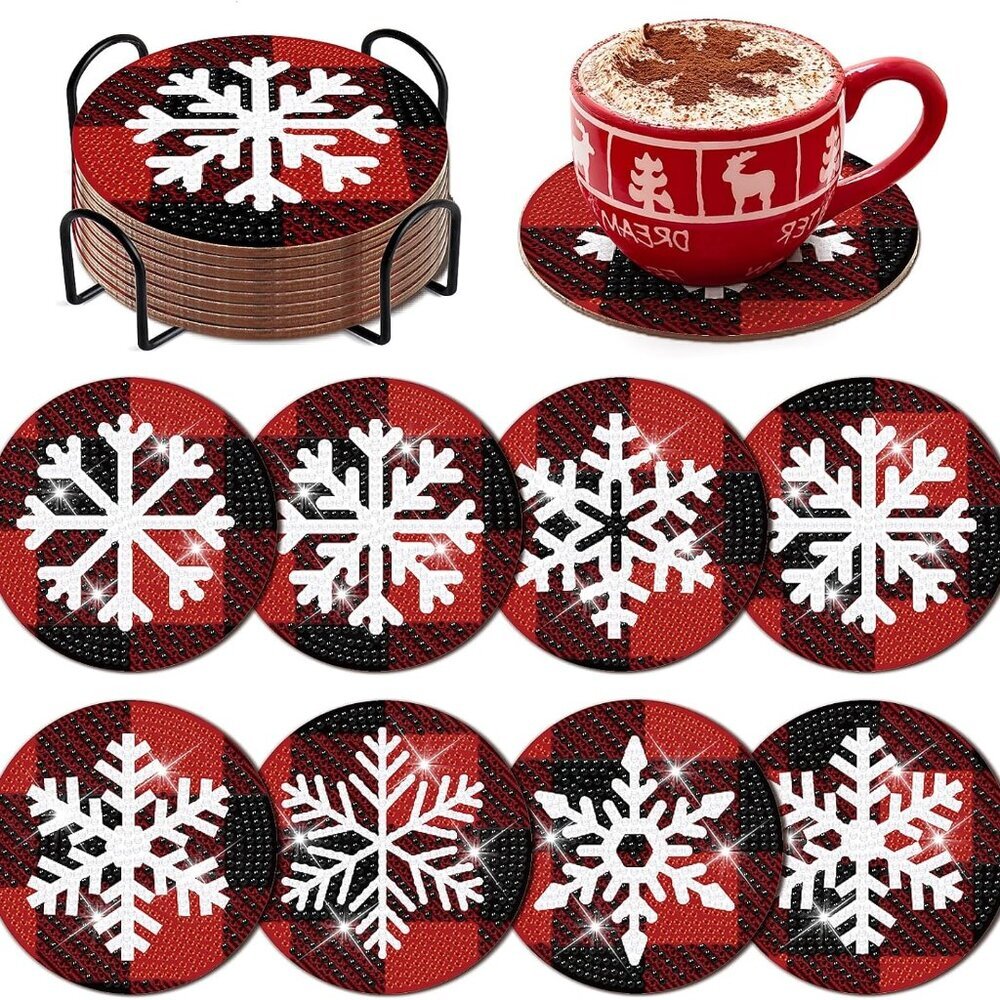 8 Pcs Christmas Snowflake Diamond Art Coasters Kit with Holder Red and Black Pla